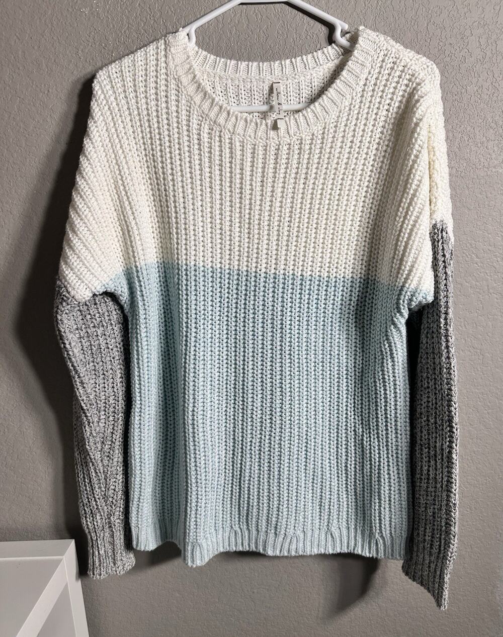 Willow & Clay White/Blue/Gray Colorblock Chunky-Knit Crewneck Sweater Juniors M